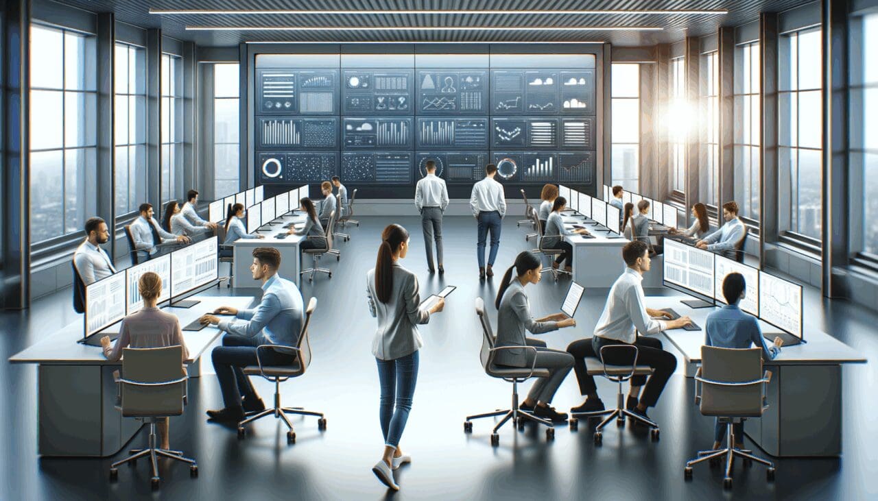 Equipo de jóvenes ingenieros trabajando frente a pantallas en una oficina moderna con gráficos tecnológicos.