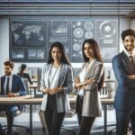 Equipo de desarrolladores trabajando en una oficina tecnológica moderna con pizarras y pantallas.