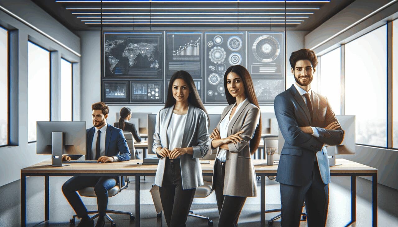 Equipo de desarrolladores trabajando en una oficina tecnológica moderna con pizarras y pantallas.