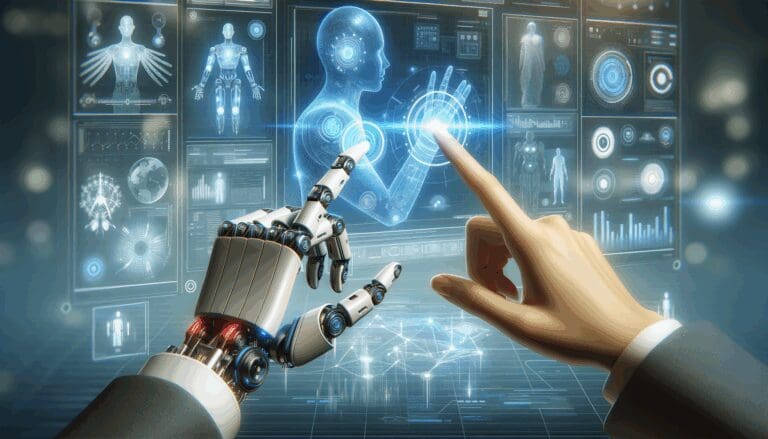 Ilustración digital de manos humanas y robóticas interactuando con una interfaz futurista de software.