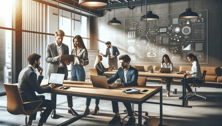 Emprendedores colaborando en un moderno espacio de coworking en Buenos Aires, con laptops y pizarras digitales.