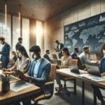 Grupo diverso de emprendedores trabajando en una sala moderna con pantallas digitales y mapas.