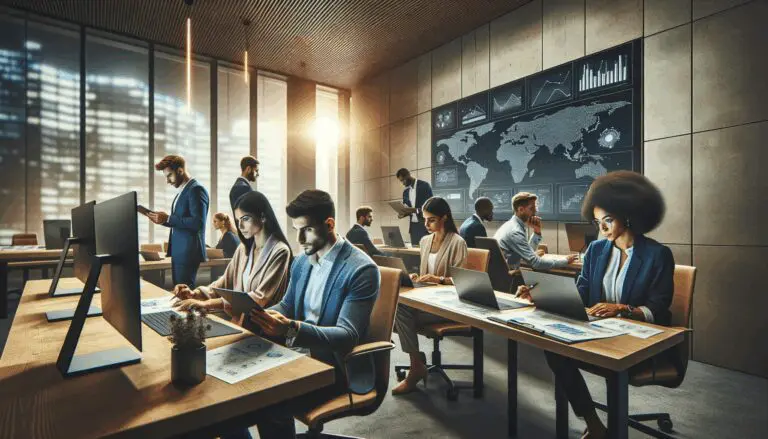 Grupo diverso de emprendedores trabajando en una sala moderna con pantallas digitales y mapas.