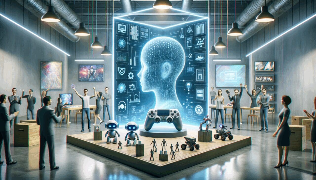 Ilustración conceptual de inteligencia artificial integrándose en un entorno de desarrollo de videojuegos con luces y gráficos modernos.