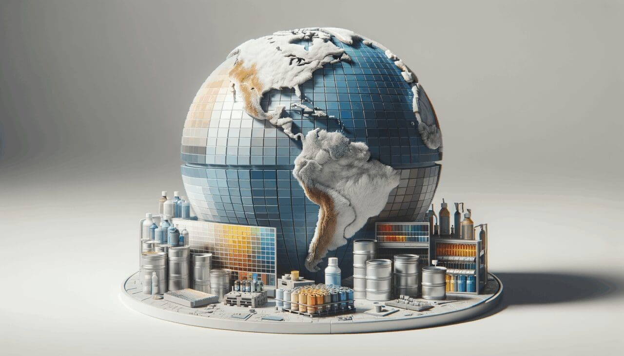 Primer plano de laboratorio moderno latinoamericano con muestras de pinturas y material reciclado.