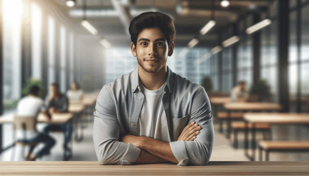 Retrato de un emprendedor joven trabajando solo en un coworking moderno con fondo difuminado.