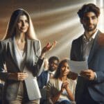 Emprendedores presentando ideas frente a un público y fondos internacionales en un auditorio moderno.