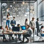 Equipo multicultural de emprendedores trabajando en una oficina moderna, con pantallas y pizarras llenas de ideas.