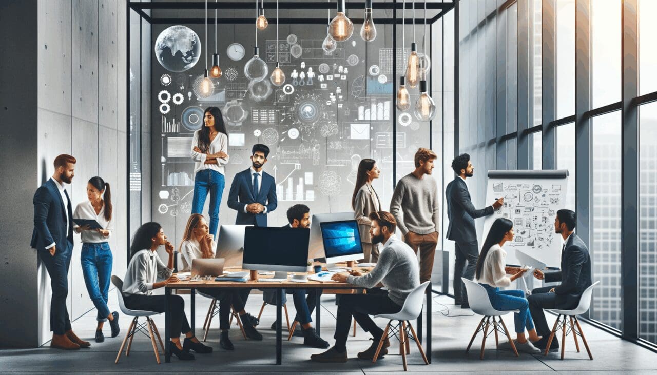 Equipo multicultural de emprendedores trabajando en una oficina moderna, con pantallas y pizarras llenas de ideas.