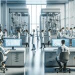 Laboratorio moderno con investigadores trabajando y equipos tecnologicos en primer plano.