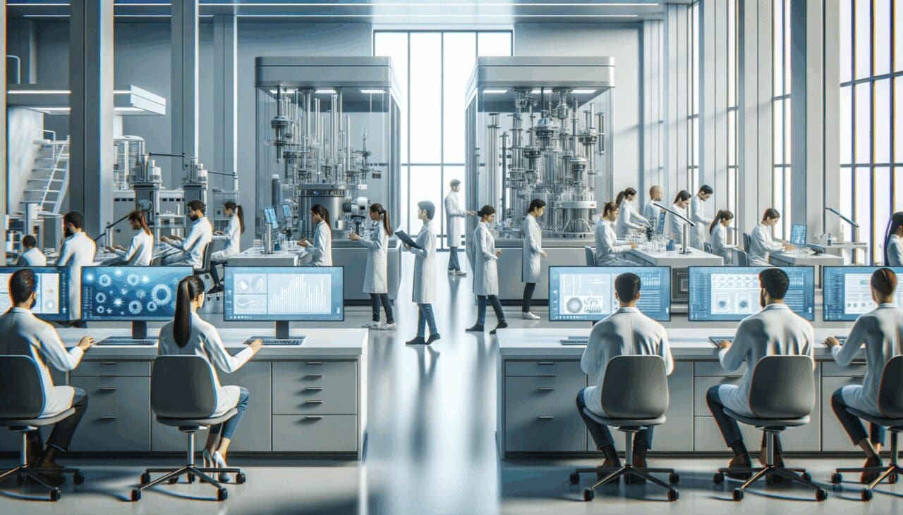 Laboratorio moderno con investigadores trabajando y equipos tecnologicos en primer plano.