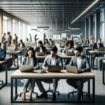 Oficina moderna con jóvenes empresarios trabajando en laptops, ambiente colaborativo y tecnológico.