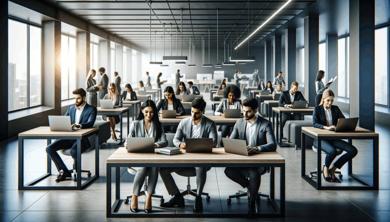 Oficina moderna con jóvenes empresarios trabajando en laptops, ambiente colaborativo y tecnológico.