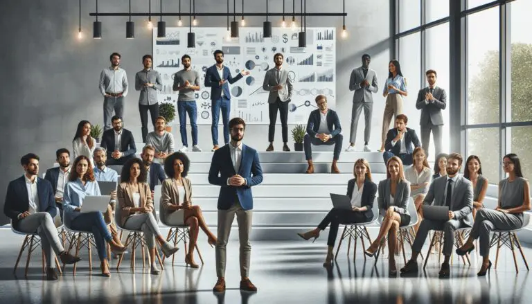 Grupo diverso de emprendedores presentando proyectos frente a inversores en un escenario moderno y luminoso.