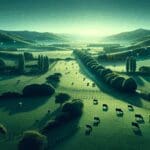 Campo argentino verde con vacas pastando y sensores tecnológicos discretos en el paisaje, bajo cielo despejado.