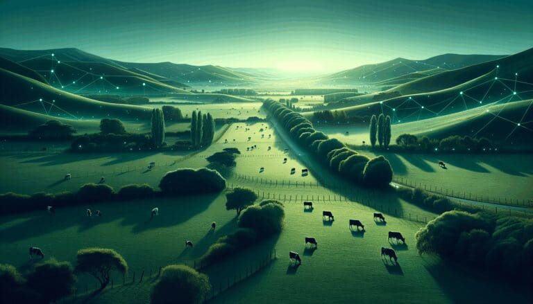 Campo argentino verde con vacas pastando y sensores tecnológicos discretos en el paisaje, bajo cielo despejado.