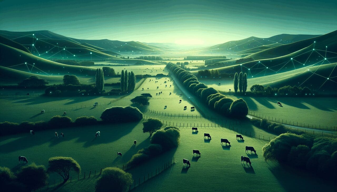 Campo argentino verde con vacas pastando y sensores tecnológicos discretos en el paisaje, bajo cielo despejado.