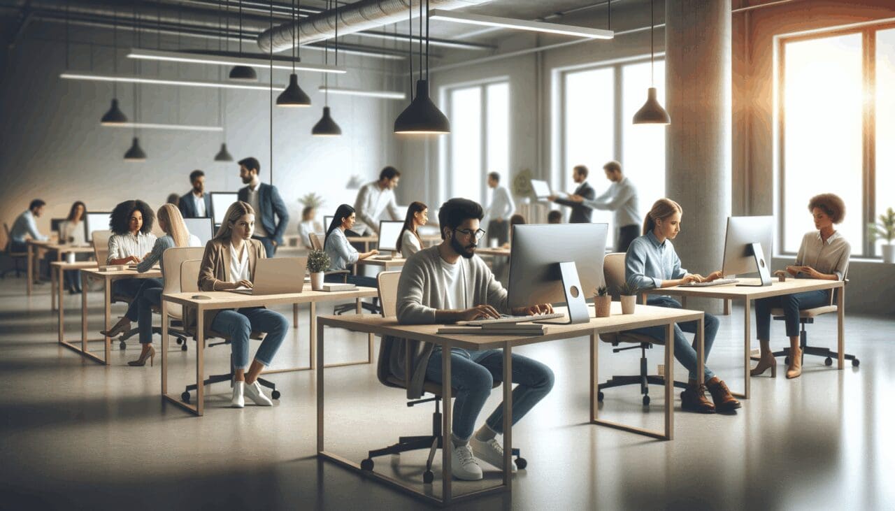 Espacio de coworking con emprendedores trabajando juntos en ordenadores.
