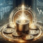 Primer plano de monedas digitales sobre fondo neutro, con gráficos financieros y ambiente tecnológico.