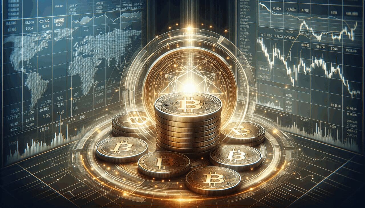 Primer plano de monedas digitales sobre fondo neutro, con gráficos financieros y ambiente tecnológico.