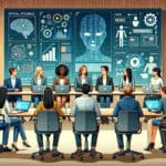 Ilustración moderna de un equipo de desarrolladores en una reunión tecnológica, con pantallas mostrando inteligencia artificial.