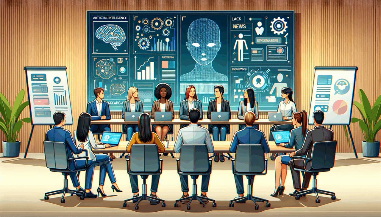 Ilustración moderna de un equipo de desarrolladores en una reunión tecnológica, con pantallas mostrando inteligencia artificial.