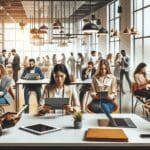 Coworking moderno lleno de emprendedores con dispositivos y pizarras digitales en un entorno luminoso.