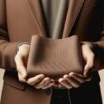 Primer plano de manos sosteniendo una tela ecológica marrón, con luz suave y fondo neutro.