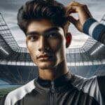 Primer plano de un joven deportista ajustando un cintillo tecnológico en la cabeza en un estadio moderno.