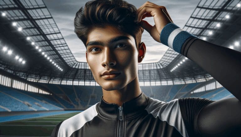 Primer plano de un joven deportista ajustando un cintillo tecnológico en la cabeza en un estadio moderno.