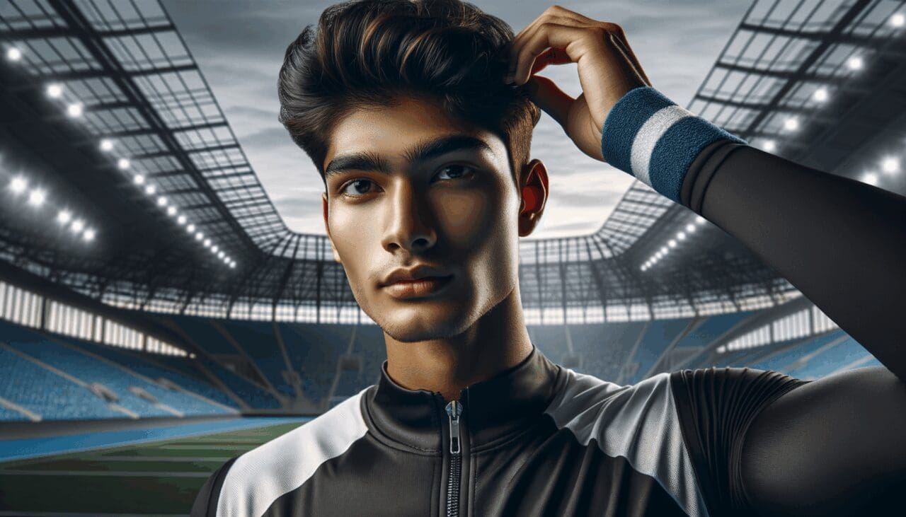 Primer plano de un joven deportista ajustando un cintillo tecnológico en la cabeza en un estadio moderno.