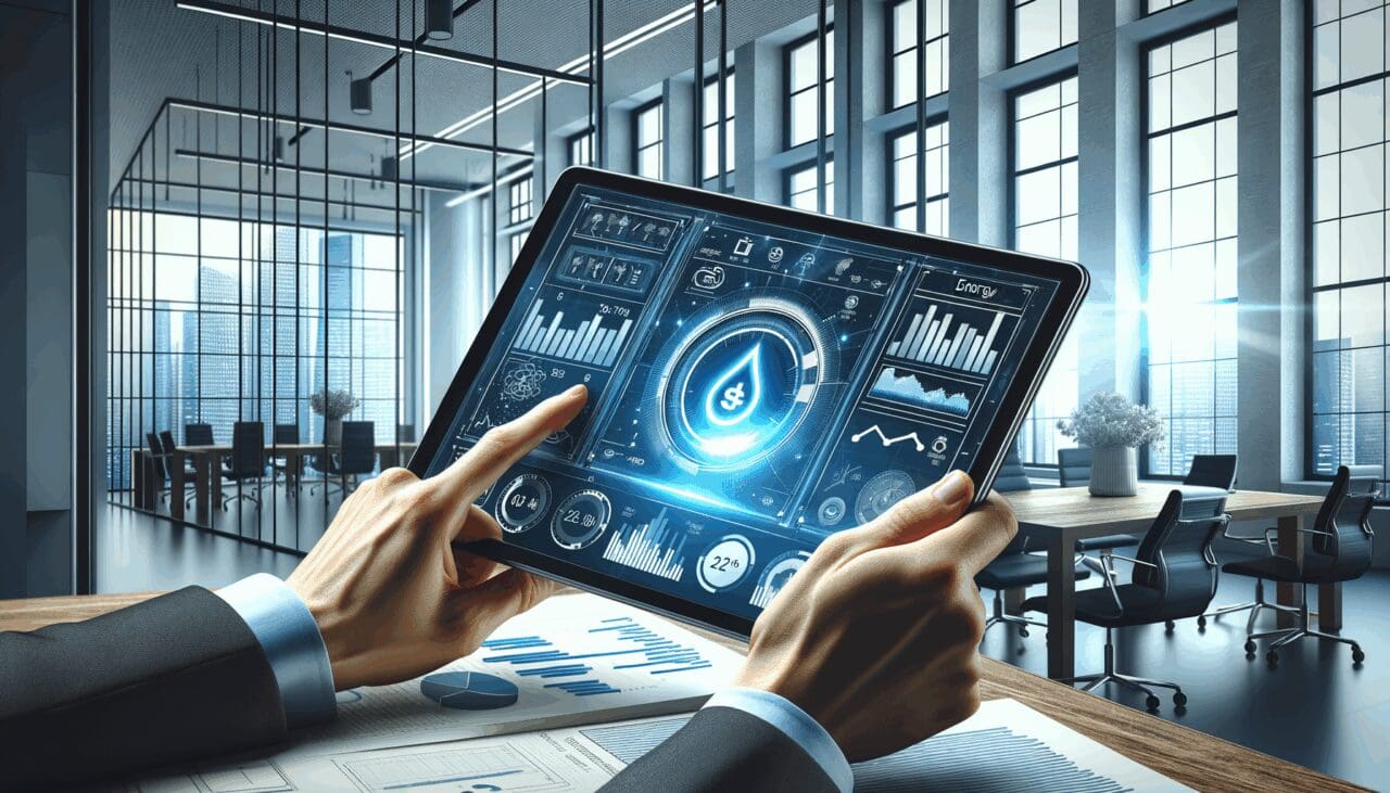 Ilustración de manos revisando gráficos energéticos en una tablet con fondo de oficina moderna.