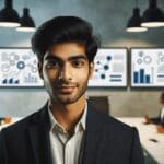 Joven empresario en una sala de reuniones moderna, pantallas y pizarras de ideas al fondo.