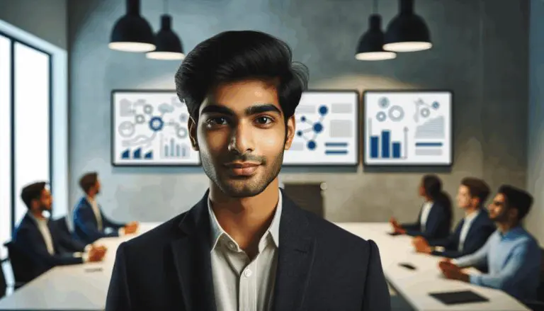 Joven empresario en una sala de reuniones moderna, pantallas y pizarras de ideas al fondo.