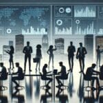 Siluetas de jóvenes emprendedores trabajando frente a pantallas con gráficos y datos digitales en un entorno moderno.