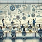 Ilustración conceptual de una sala de trabajo con emprendedores analizando gráficos y documentos digitales sobre criptomonedas.