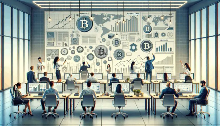 Ilustración conceptual de una sala de trabajo con emprendedores analizando gráficos y documentos digitales sobre criptomonedas.