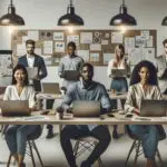 Grupo diverso de emprendedores en un espacio de coworking moderno, rodeados de laptops y pizarras con ideas.