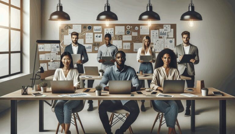 Grupo diverso de emprendedores en un espacio de coworking moderno, rodeados de laptops y pizarras con ideas.