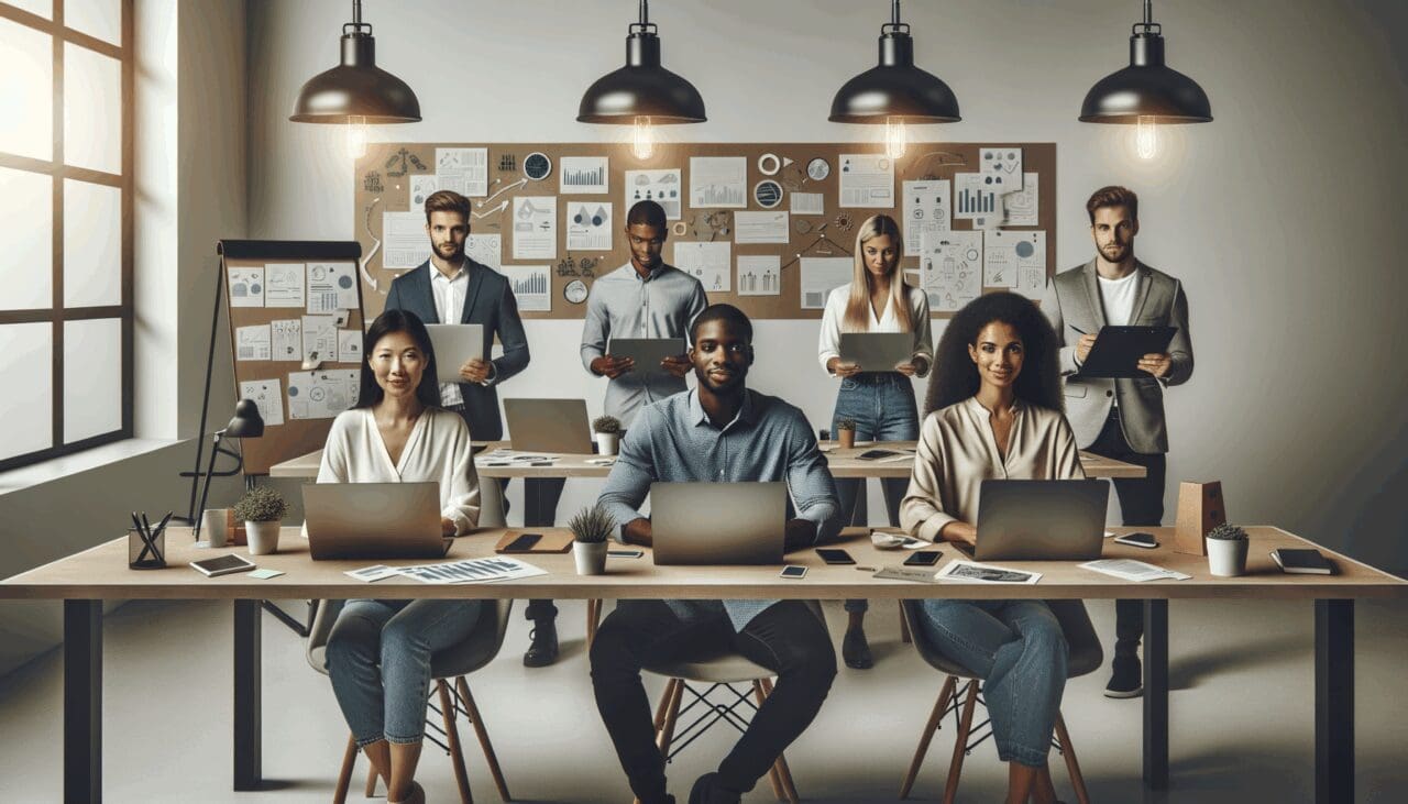 Grupo diverso de emprendedores en un espacio de coworking moderno, rodeados de laptops y pizarras con ideas.