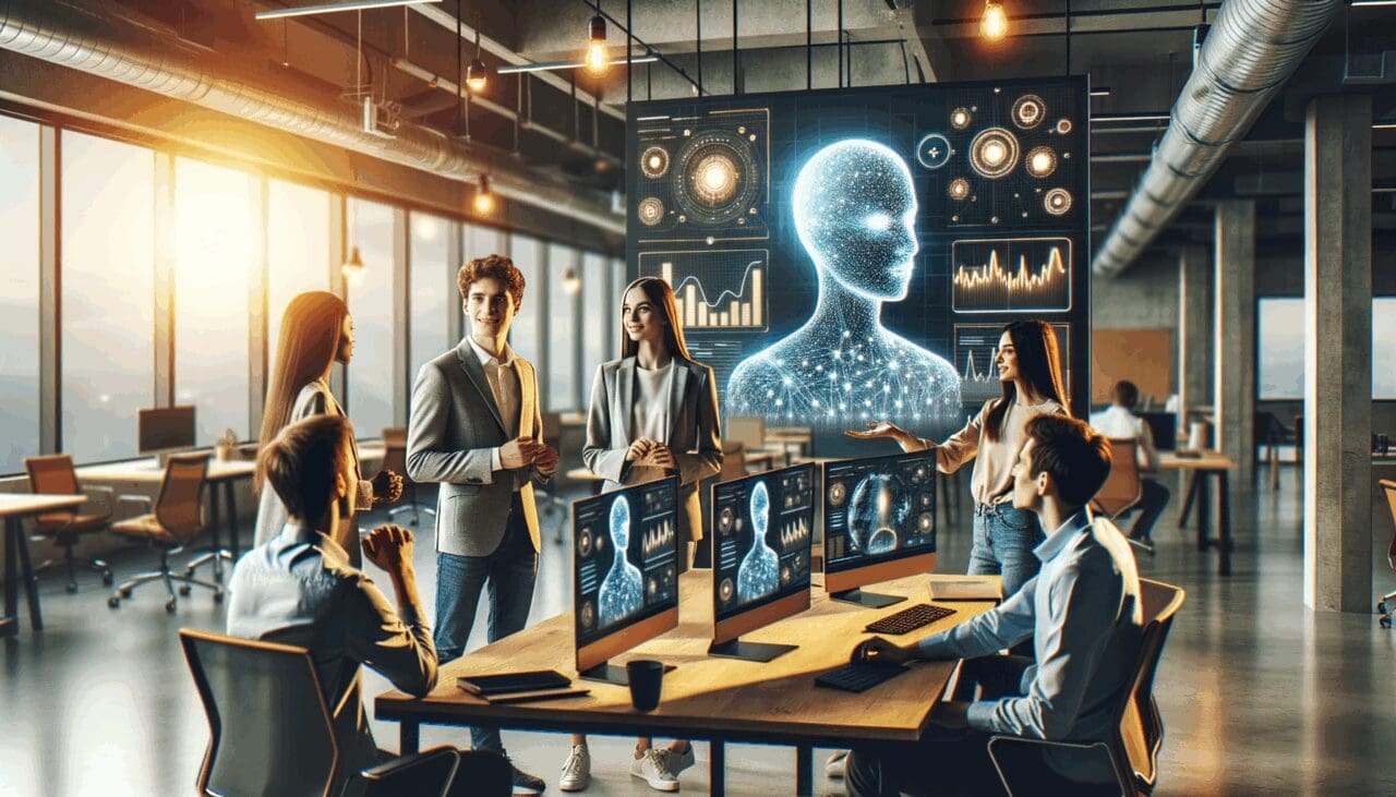 Jóvenes emprendedores colaborando frente a pantallas con gráficos de inteligencia artificial en un espacio de coworking moderno.
