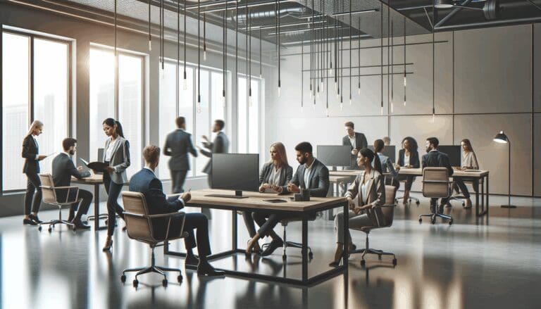 Emprendedores colaborando en un espacio de coworking moderno