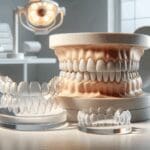 Primer plano de modelos dentales 3D y alineadores transparentes sobre una mesa clínica en un entorno moderno y limpio.