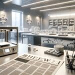 Primer plano de un laboratorio tecnológico con impresoras 3D y prototipos médicos sobre la mesa.