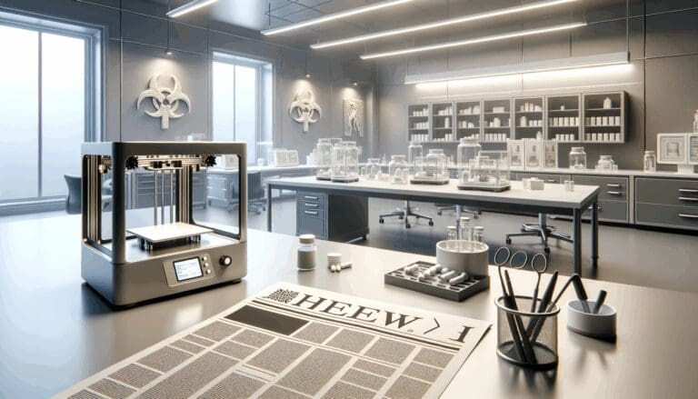 Primer plano de un laboratorio tecnológico con impresoras 3D y prototipos médicos sobre la mesa.