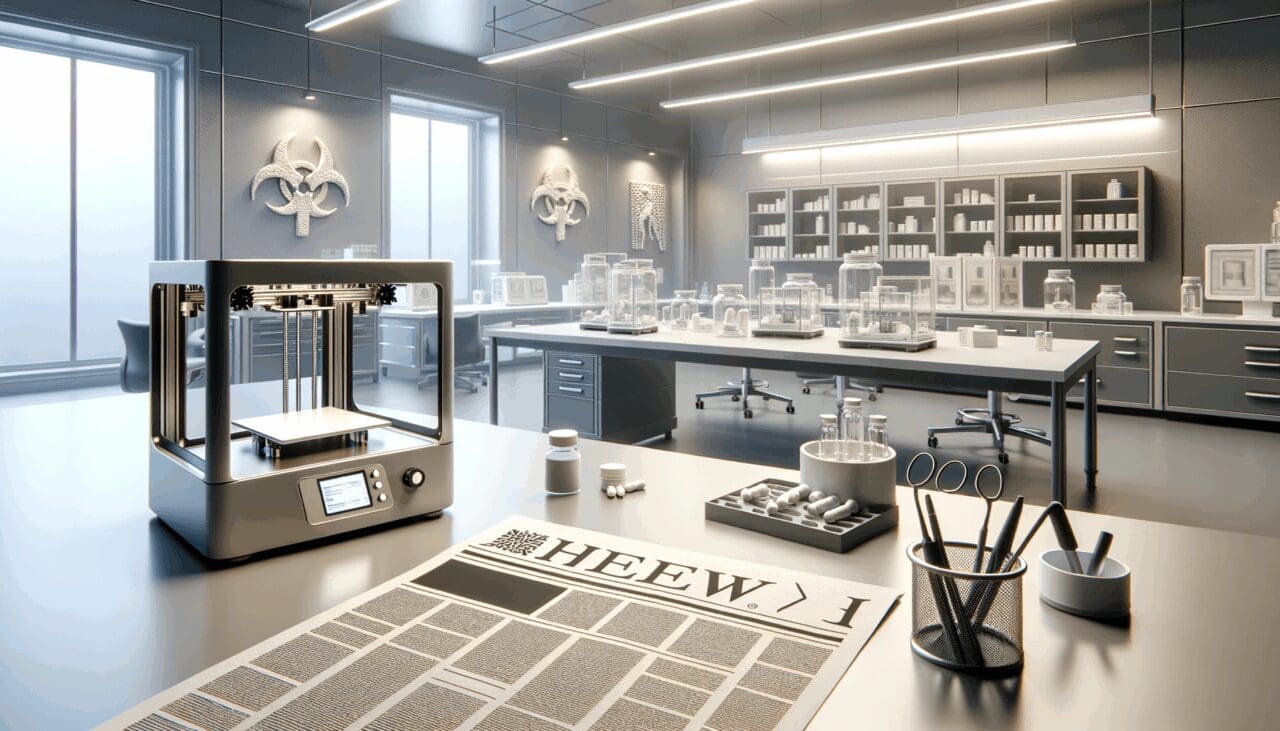 Primer plano de un laboratorio tecnológico con impresoras 3D y prototipos médicos sobre la mesa.