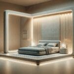 Fotografía conceptual de una cama inteligente en un entorno moderno y minimalista, con tonalidades suaves y luz tenue.