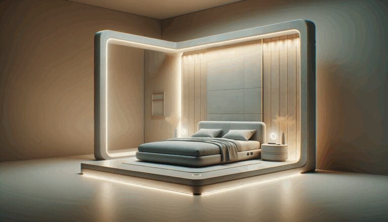 Fotografía conceptual de una cama inteligente en un entorno moderno y minimalista, con tonalidades suaves y luz tenue.