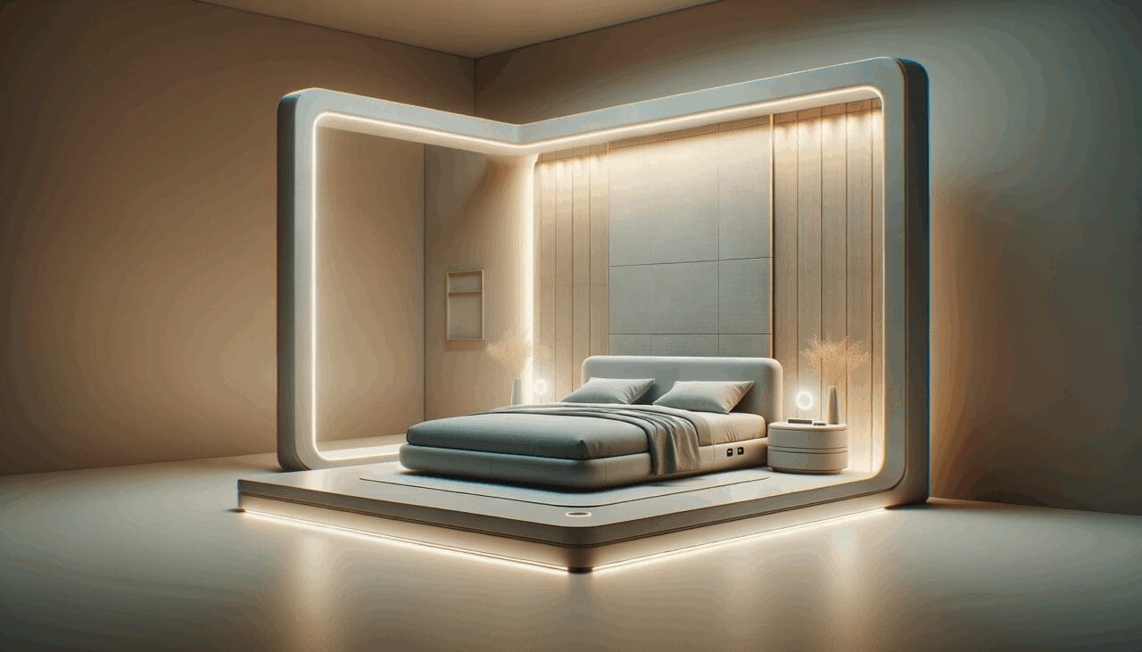 Fotografía conceptual de una cama inteligente en un entorno moderno y minimalista, con tonalidades suaves y luz tenue.