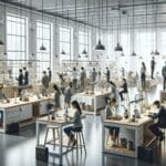 Laboratorio de innovación con emprendedores trabajando en sostenibilidad.